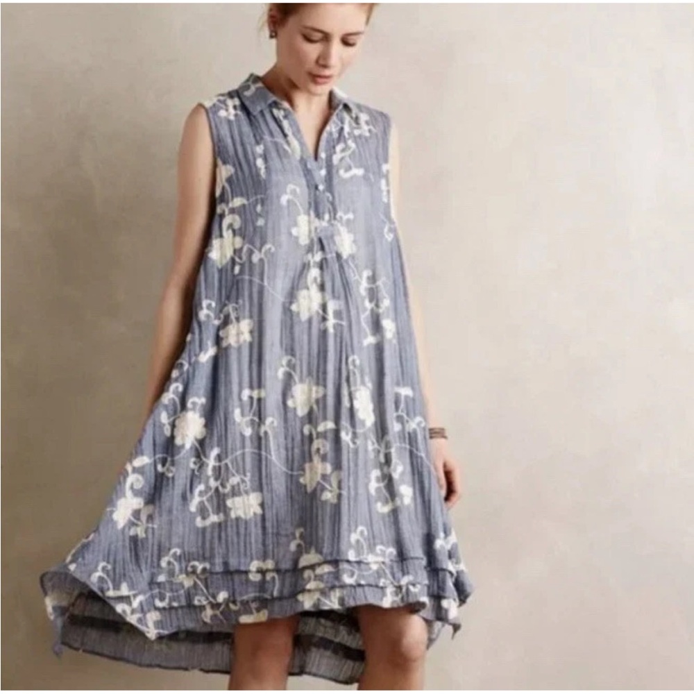 Anthropologie Isabella Sinclair Embroidered Chambray Swing Dress Blue & Ivory XS